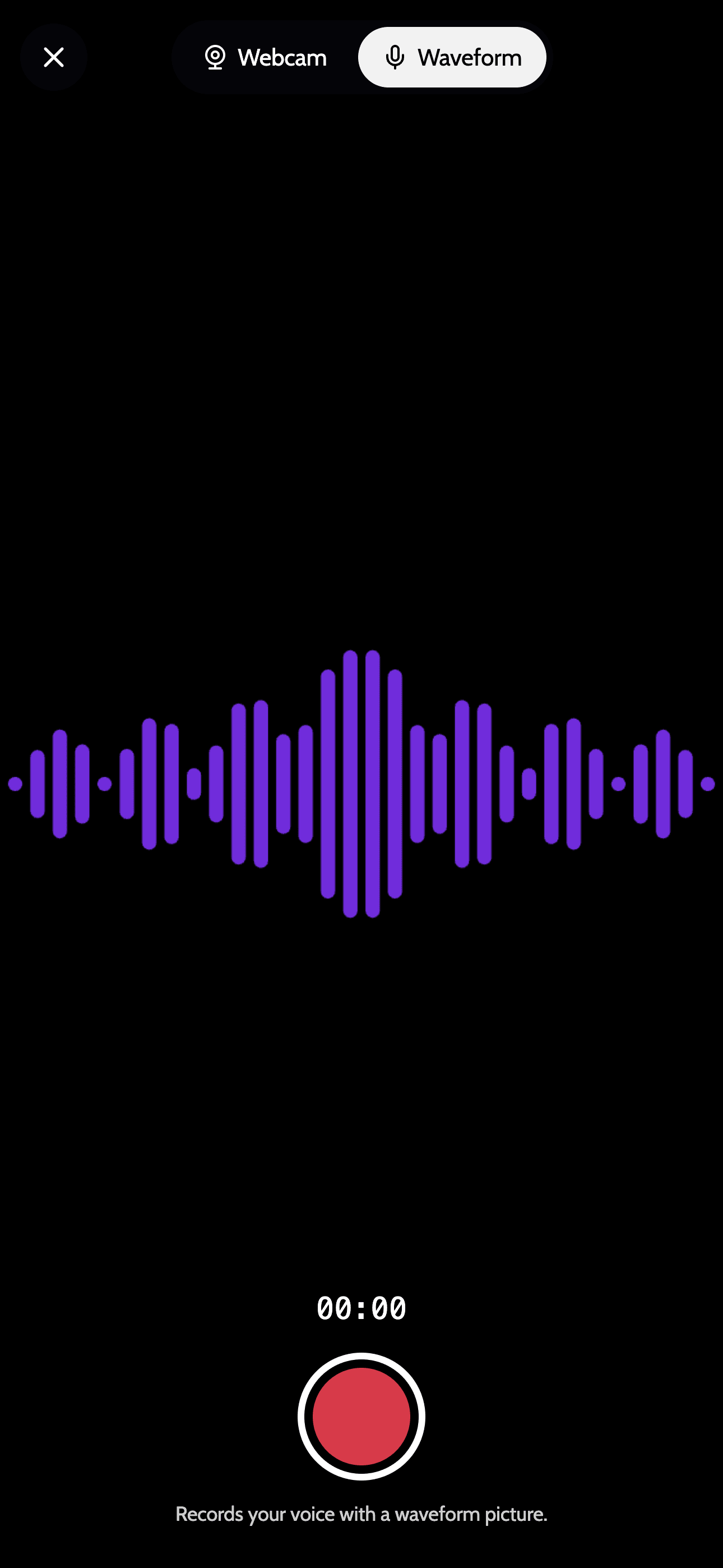 The portrait recorder ready to record, with Webcam and Waveform options and a record button