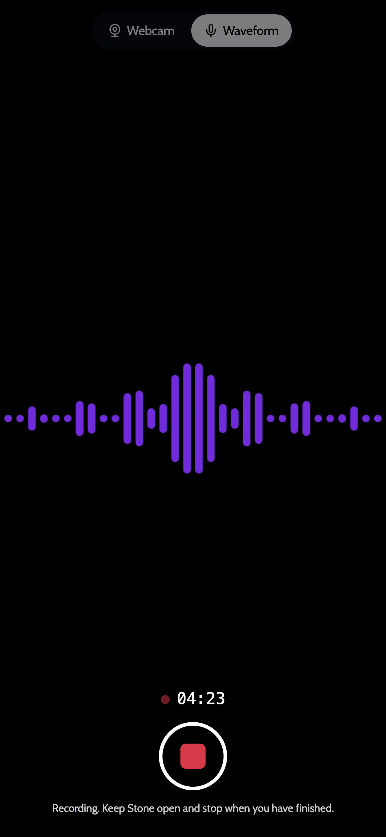 The recorder during a waveform commentary, showing the elapsed time and a stop button